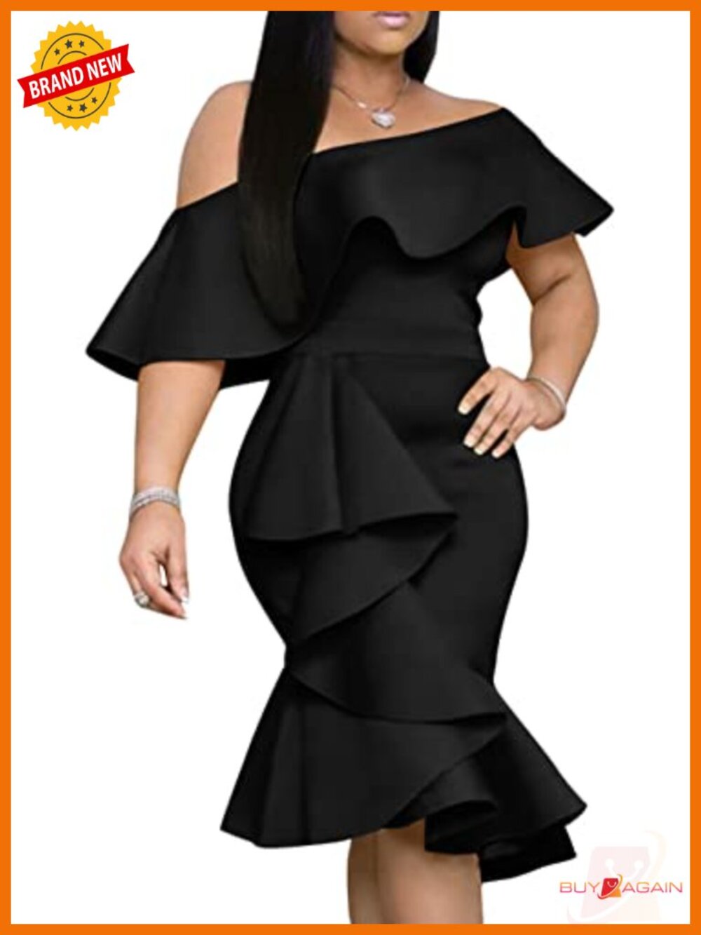 Women's Off The Shoulder Bodycon Midi Dress Ruffle Cocktail Party